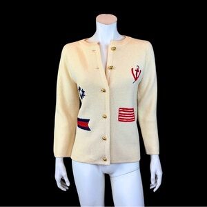 60s Cream Knit Nautical Sailor Cardigan Sweater / Red & Blue Navy Embroidery / M